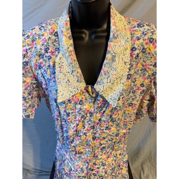 Vintage Karin Stevens Floral 80s Style Office Dress Womens 14 Large Shoulder Pad - Picture 2 of 3